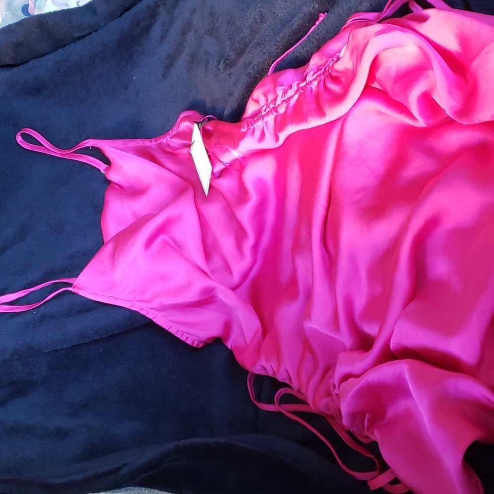 1 State Hot Pink Satin Cowl Ruched Sides Mini Dress